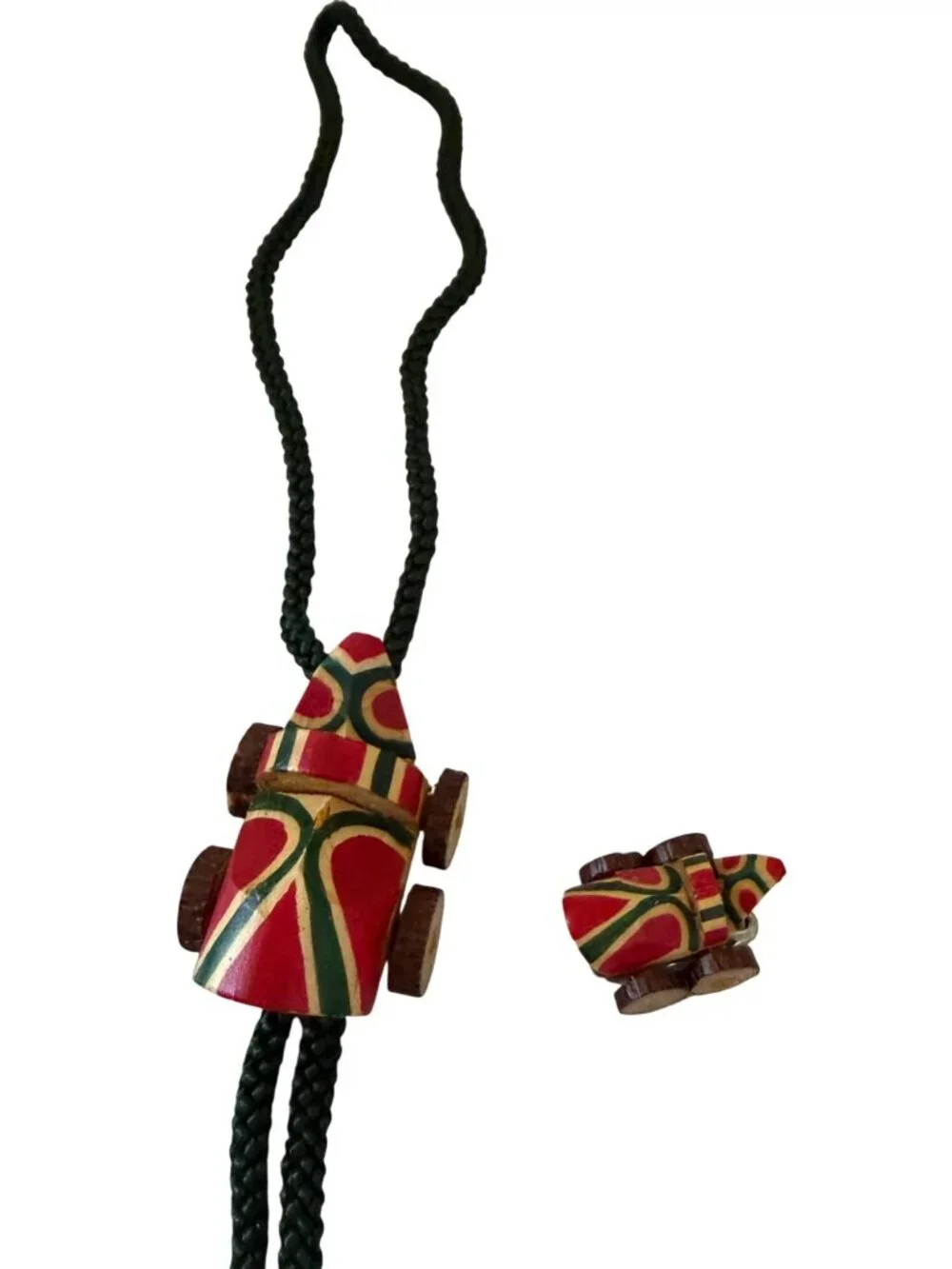 Japanese Kiji Guruma Folk Art Bolo Tie Pin Set Wood Pheasant Cart Box Paperwork